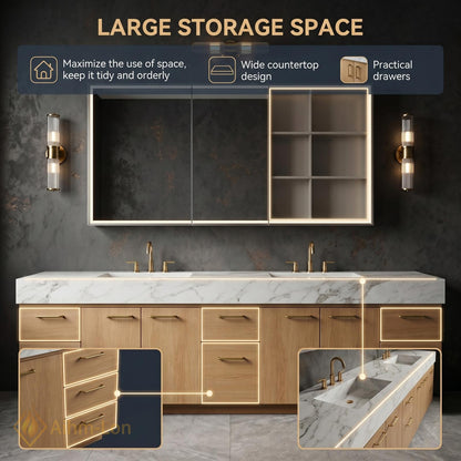 60''-96'' Double Bathroom Vanity with Sink Modern White Marble Warm Oak Wood Finish