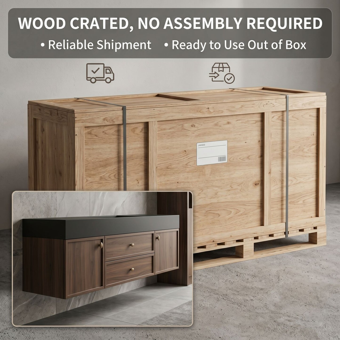 60''-96'' Modern Bathroom Vanity with Sink Double Sink Dark Wood Grain Floating Mirror