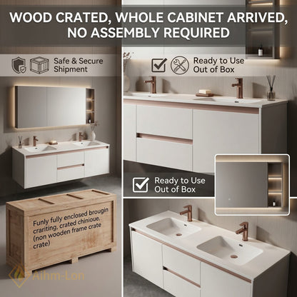 60''-96'' Wide Bathroom Vanity with Sink Matte White Double Sink Spacious Mirror Cabinet