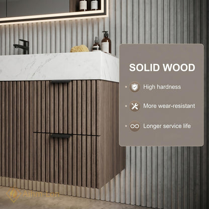 60''-96'' Double Bathroom Vanity with Sink Modern Floating Dark Walnut Slatted Storage