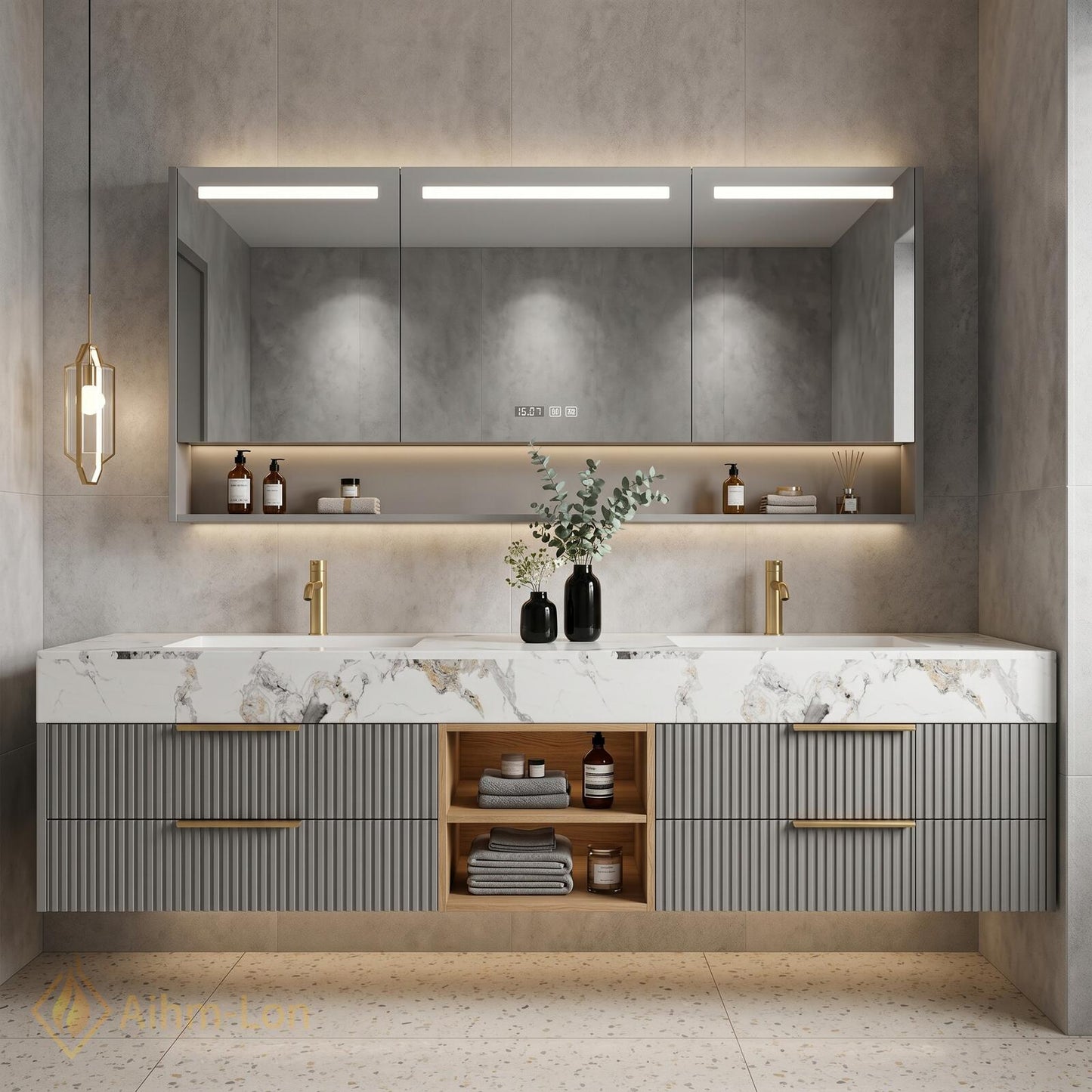 60''-96'' Double Bathroom Vanity with Sink Modern Floating Basin Fluted Drawers Open