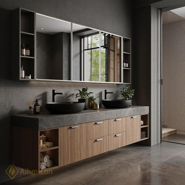 60''-96'' Double Bathroom Vanity with Sink Modern Floating Dark Walnut Finish Shelving