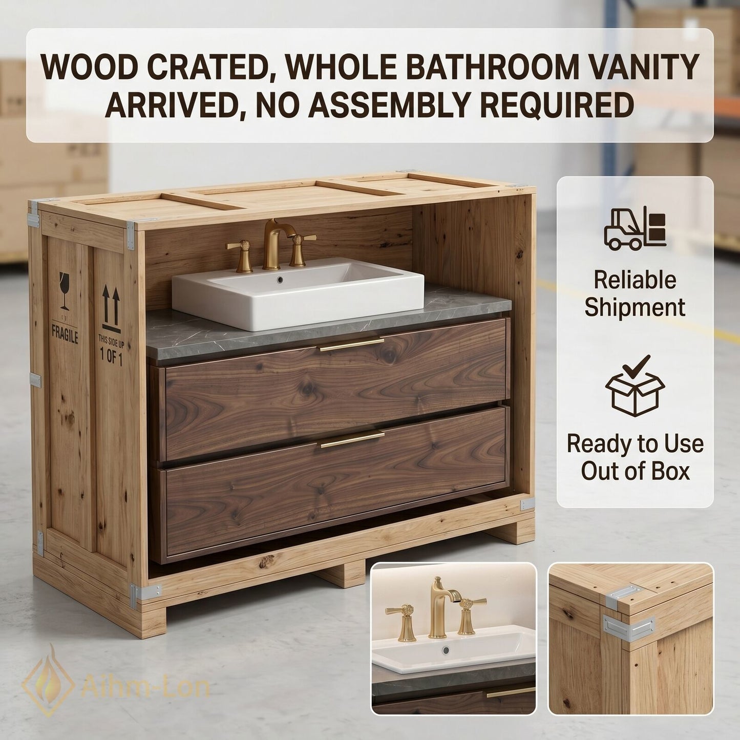 36''-64'' Modern Bathroom Vanity with Sink Floating Dark Wood Grain Smart Mirror