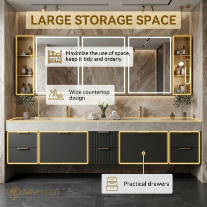 60''-96'' Double Bathroom Vanity with Sink Dark Stone Look Top Vertical Slats