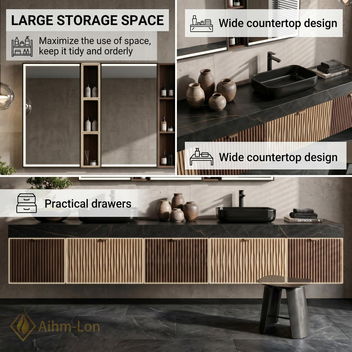 76''-96'' Double Bathroom Vanity with Sink Floating Double Dark Stone Top Slatted