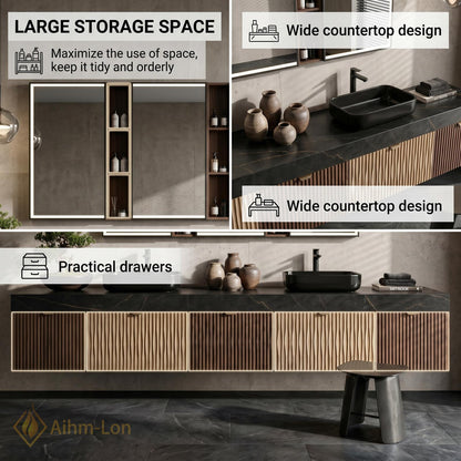 76''-96'' Double Bathroom Vanity with Sink Floating Double Dark Stone Top Slatted