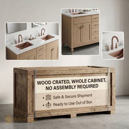 70''-96'' Double Bathroom Vanity with Sink Marble-Style Light Oak Cabinet Storage