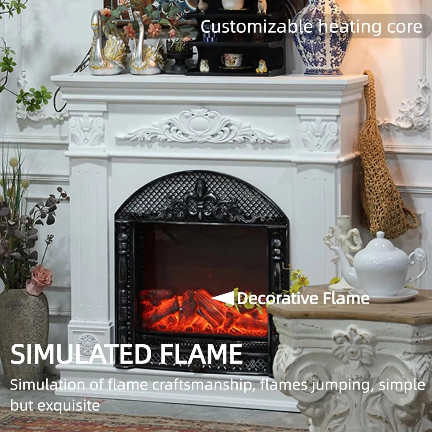 Aihm-Lon Electric Fireplace with Realistic Flame Effect & White Carving 39”