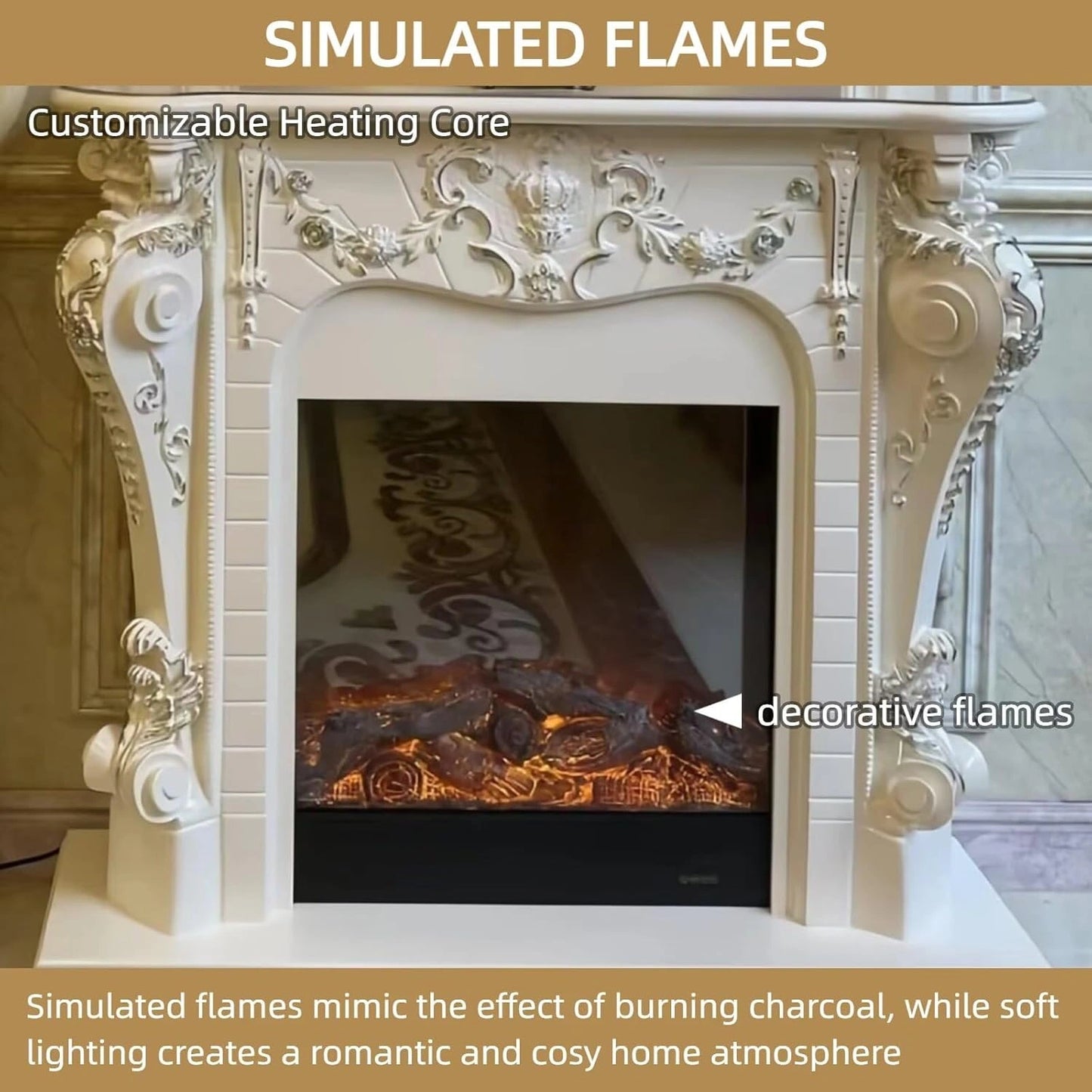 Aihm-Lon Faux Electric Fireplace Includes White European Three-Dimensional Carving 47”