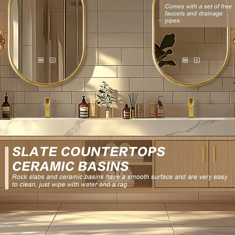 60"-96"Floating Bathroom Vanity with Double Sinks Includes Rock Slabs Countertop