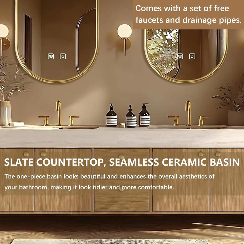 64"-96"Floating Bathroom Vanity with Double Sinks Includes Seamless Ceramic Sink
