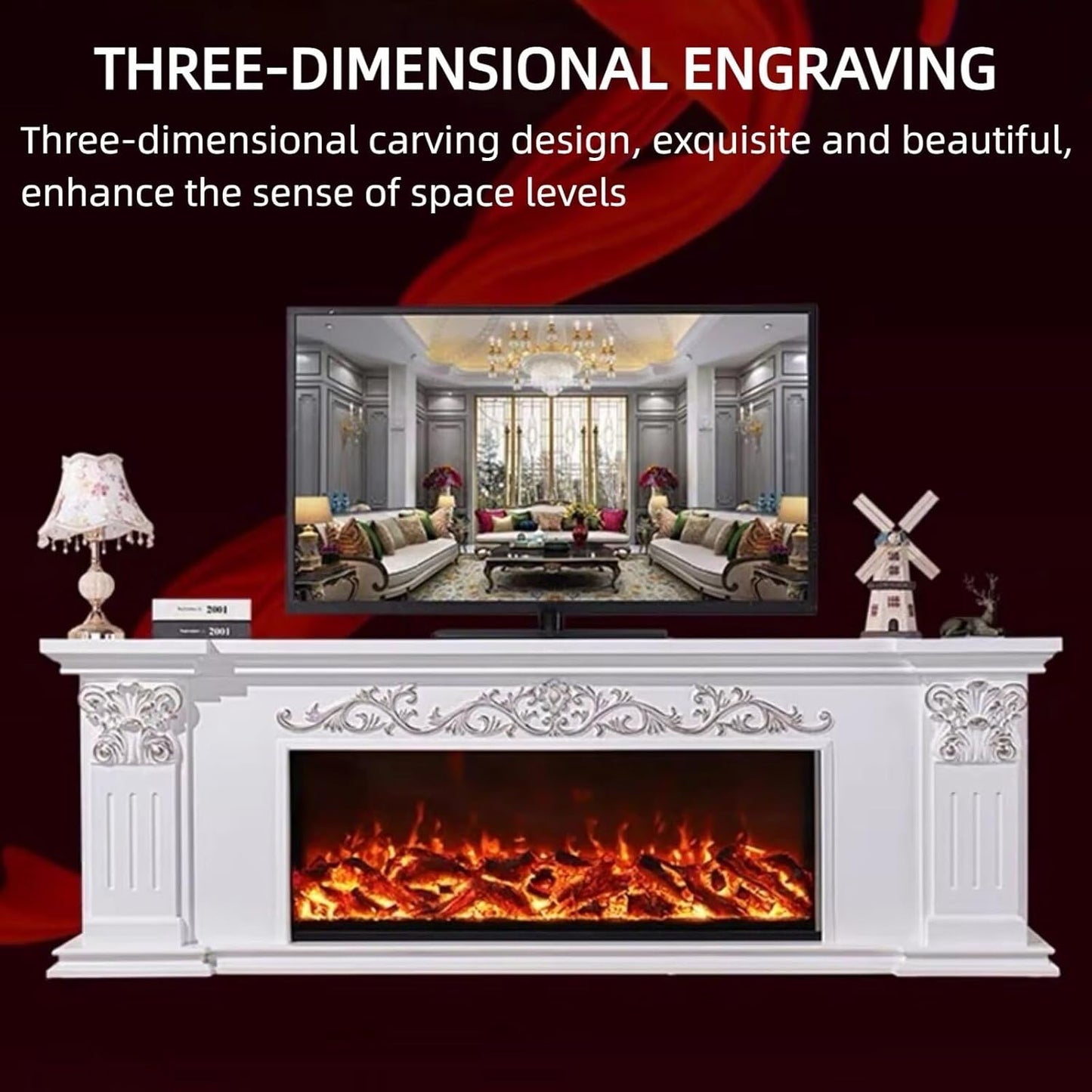 Aihm-Lon White Electric Fireplace Includes Gold-Outlined 71”