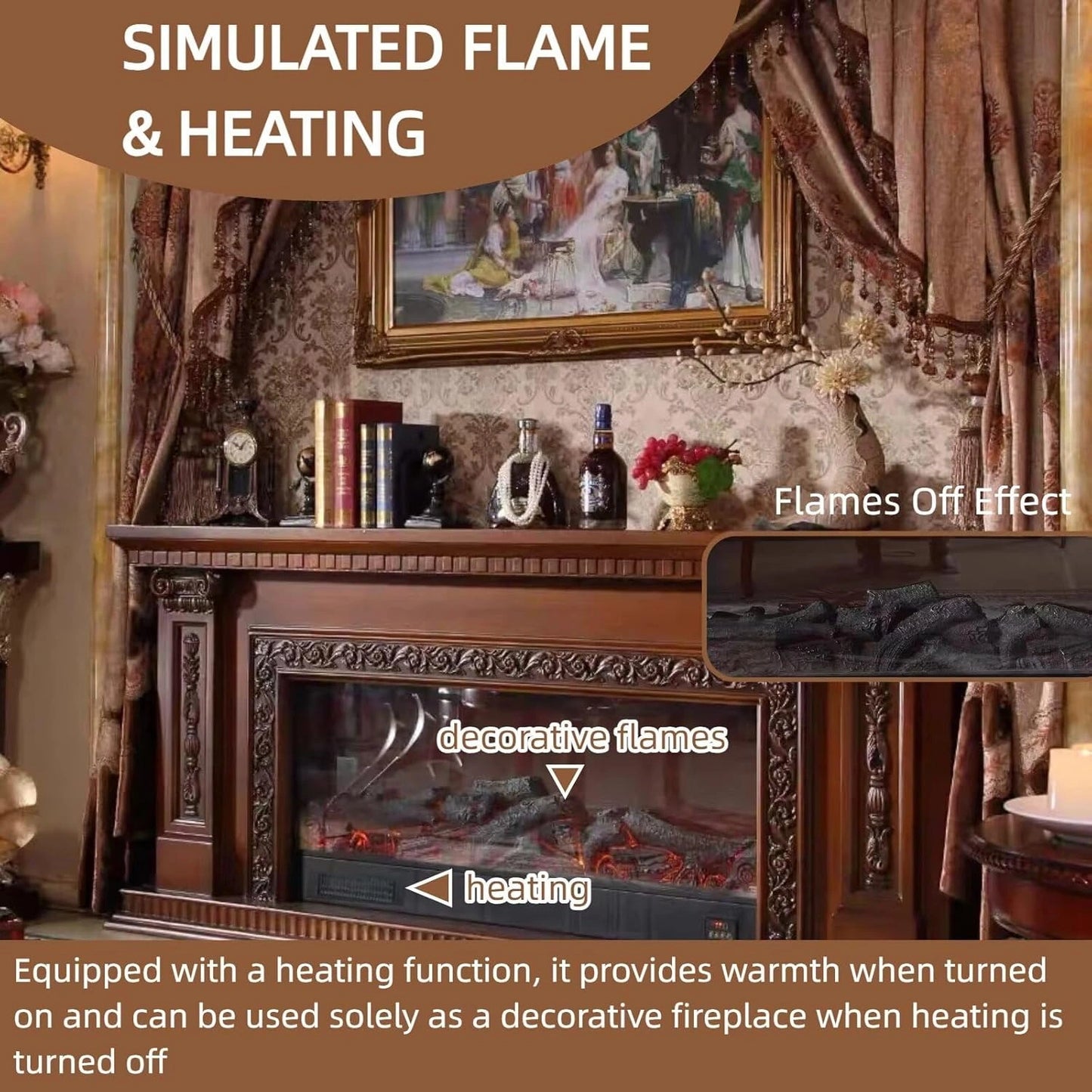 Aihm-Lon Vintage Electric Fireplace with Brown Floral Relief 79”