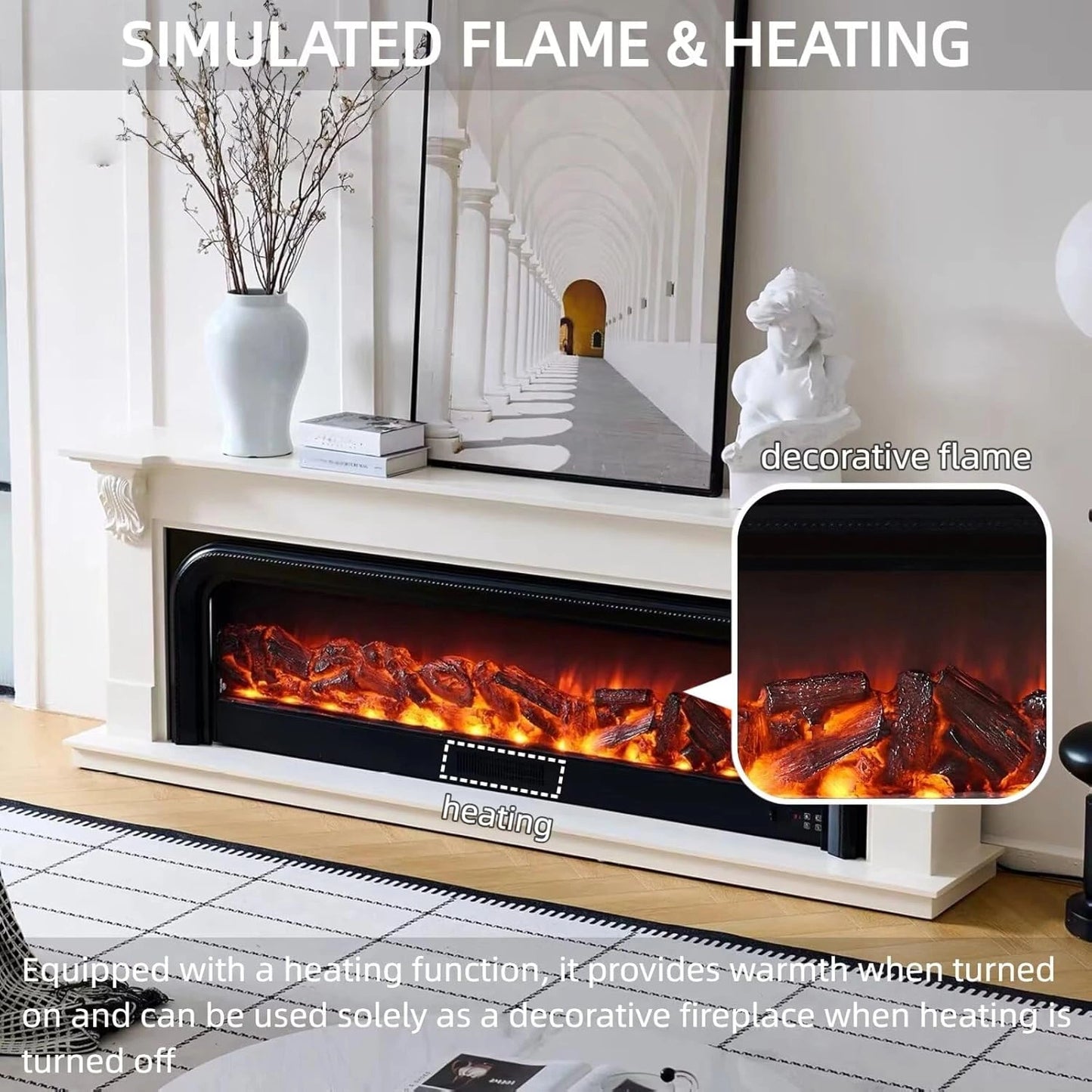 Aihm-Lon White Electric Fireplace Includes Arched Frames and Carvings 79”