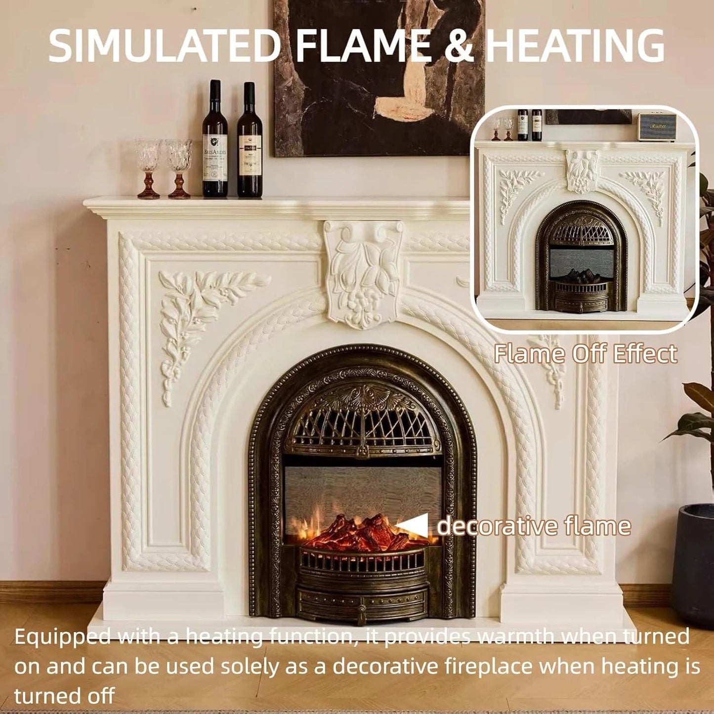 Aihm-Lon White Electric Fireplace Solid Wood Cabinet with Real Flame Insert 47”-59”