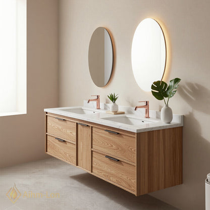 60''-96'' Modern Bathroom Vanity with Sink Floating Oak Marble Oval LED Mirror