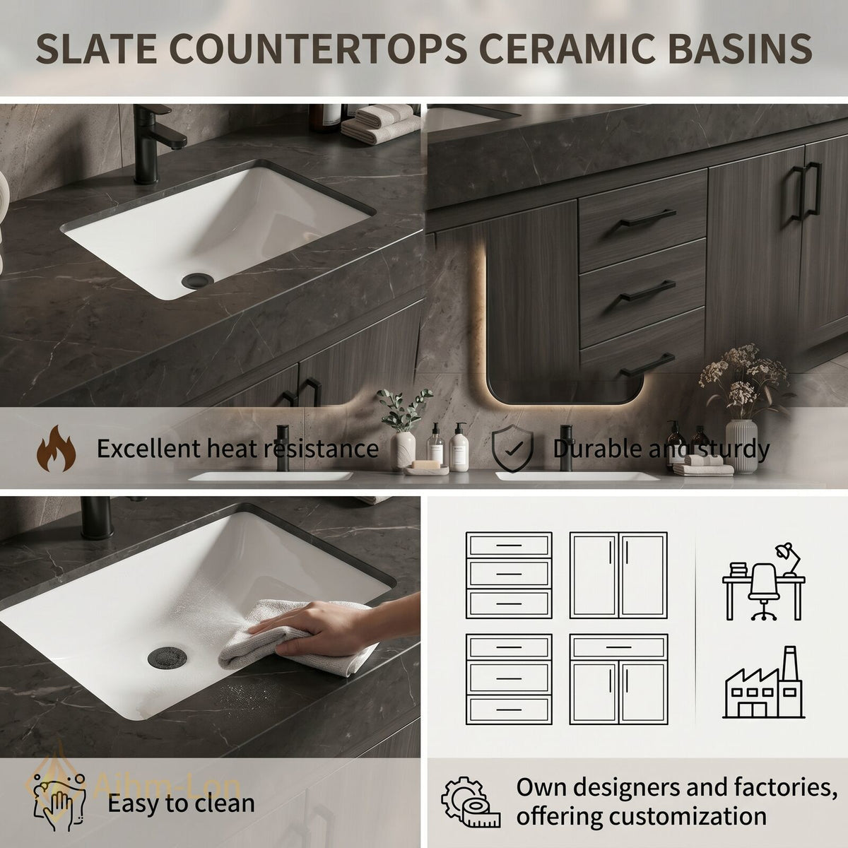 78''-96'' Double Bathroom Vanity with Sink Solid Wood Cabinet Dark Stone Countertop