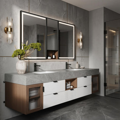 60''-96'' Modern Bathroom Vanity with Sink Double Sink Grey Stone Top Veneer Doors Cabinet