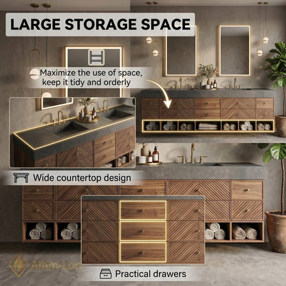 78''-96'' Double Bathroom Vanity with Sink Geometric Wood Panels Dark Stone Top