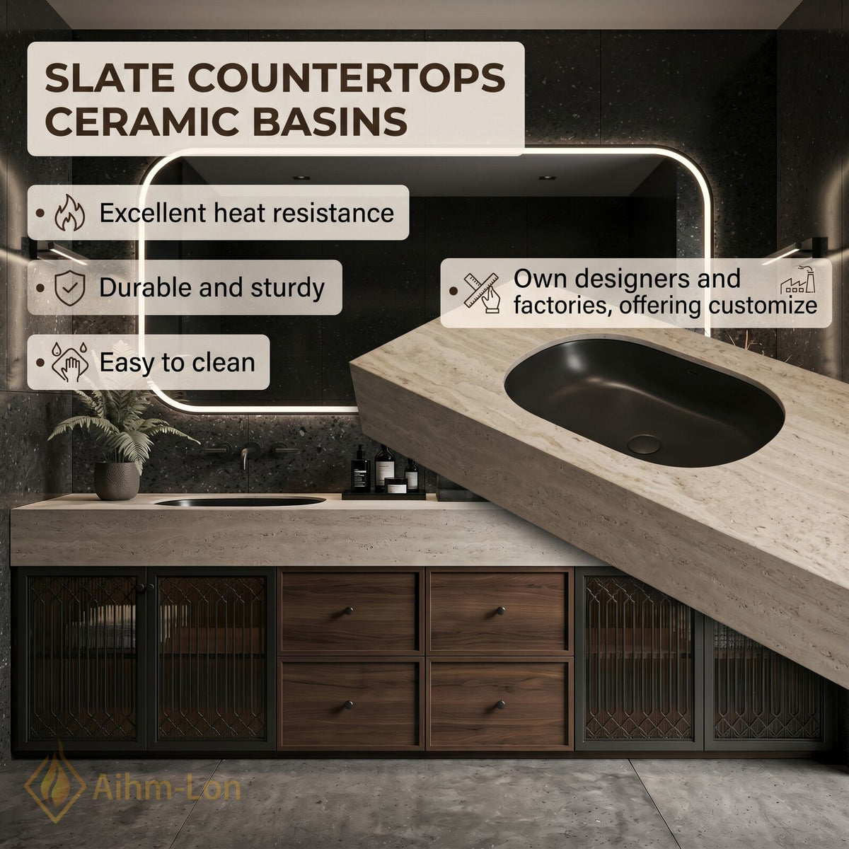 76''-96'' Double Bathroom Vanity with Sink Dark Textured Top Wire Mesh Doors