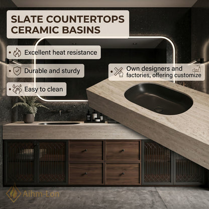 76''-96'' Double Bathroom Vanity with Sink Dark Textured Top Wire Mesh Doors