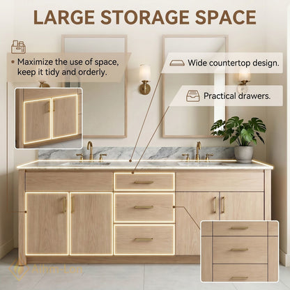 70''-96'' Modern Bathroom Vanity with Sink Light Wood Marble Brass Multi-Drawer Cabinet