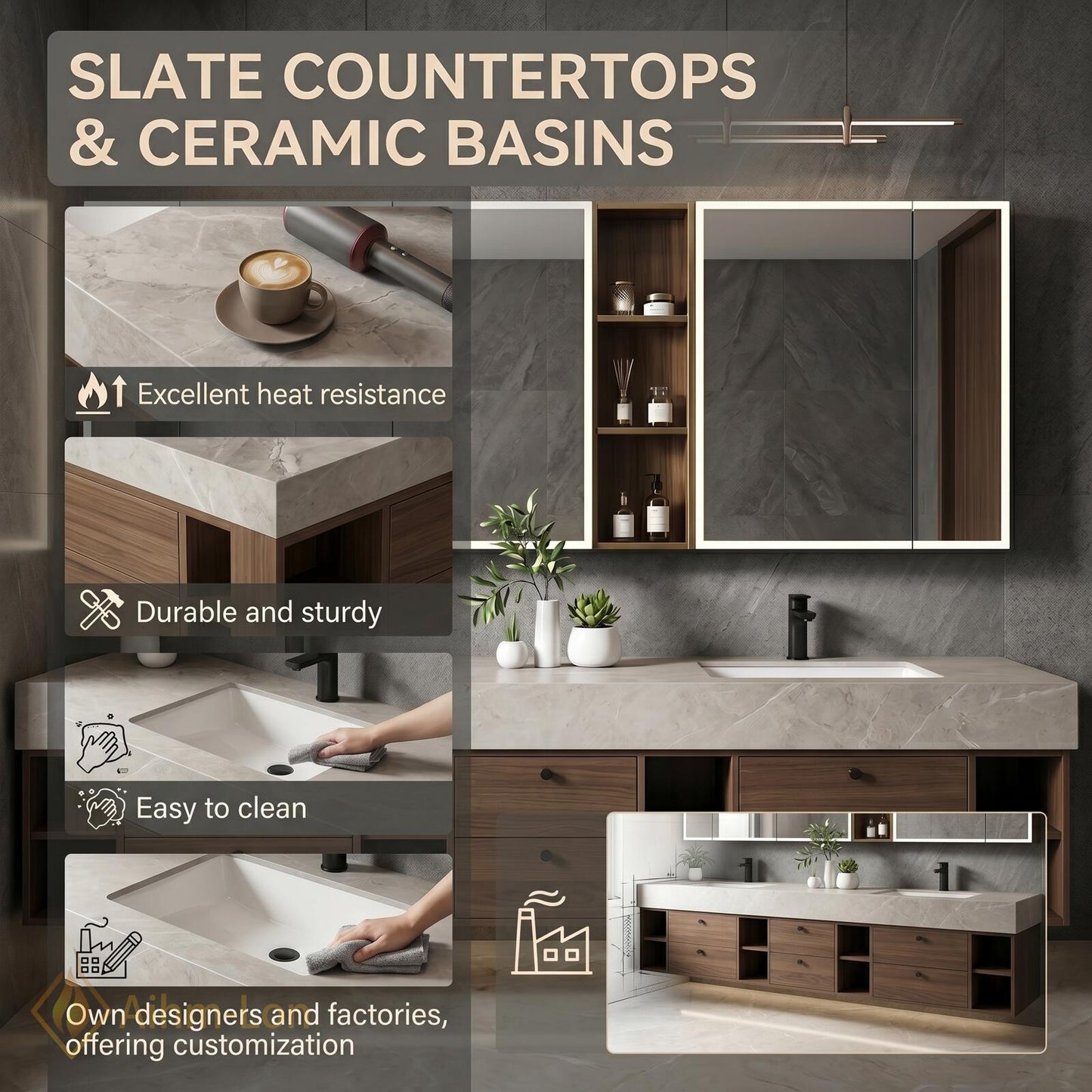 72''-96'' Double Bathroom Vanity with Sink Walnut Modern Floating Stone Countertop Open