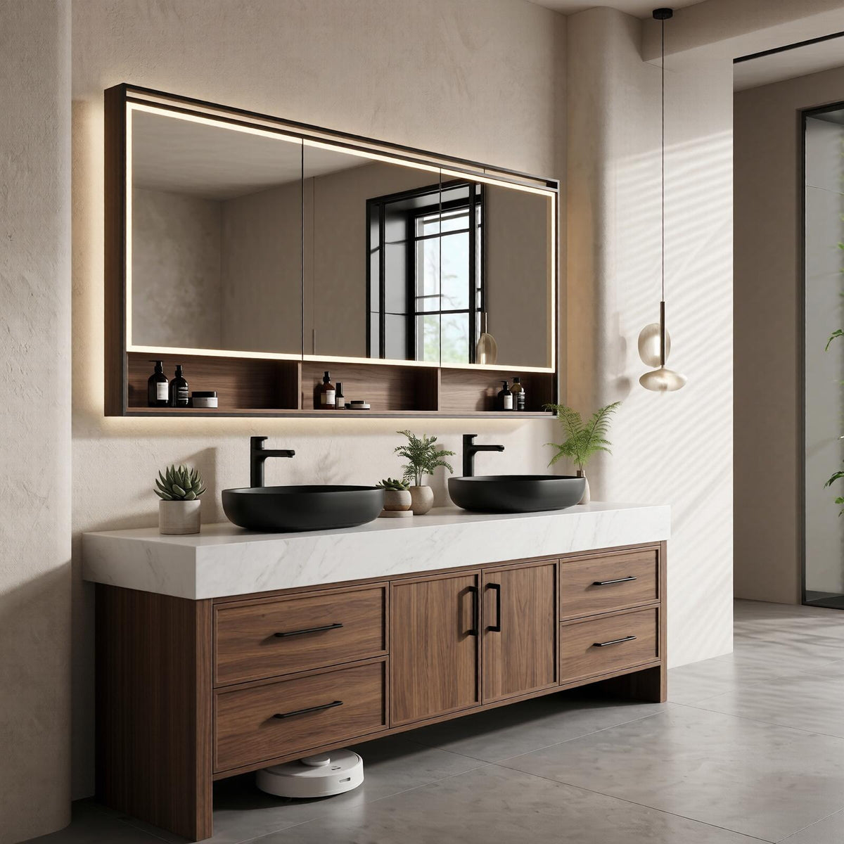 60''-96'' Double Bathroom Vanity with Sink Floating White Marble Top Dark Wood Finish