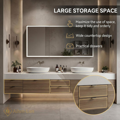 60''-96'' Double Bathroom Vanity with Sink Modern Floating Light Oak Texture Integrated