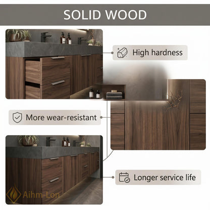 72''-96'' Double Bathroom Vanity with Sink Dark-Walnut Modern Grain Wall Mounted
