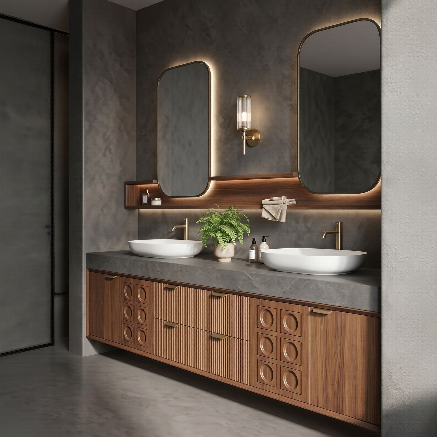 70''-96'' Double Bathroom Vanity with Sink Deep Groove Panels Open Wood Shelves