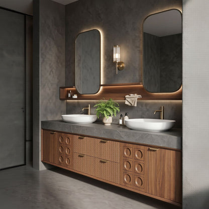 70''-96'' Double Bathroom Vanity with Sink Deep Groove Panels Open Wood Shelves