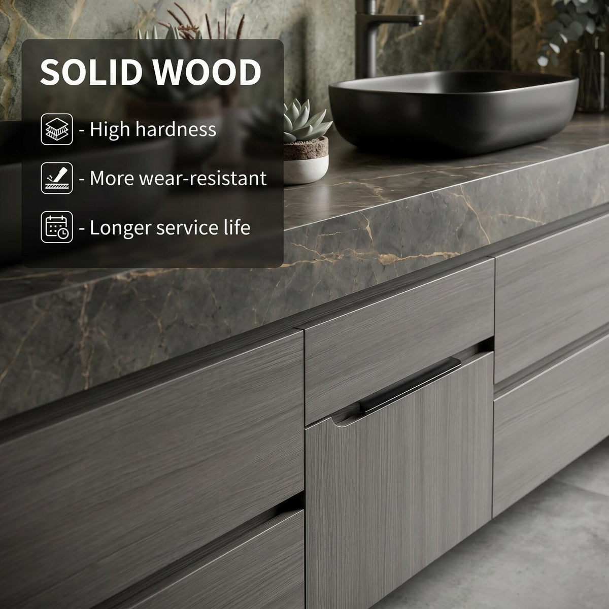 60''-96'' Double Bathroom Vanity with Sink Modern Floating Dark Grey Finish Textured Marble