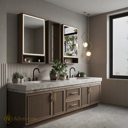 60''-96'' Double Bathroom Vanity with Sink Elegant Dark Walnut Finish Slatted Doors