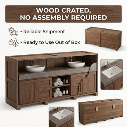 60''-96'' Floating Bathroom Vanity with Sink Double Sink Stone Top Dark Wood Open Shelving
