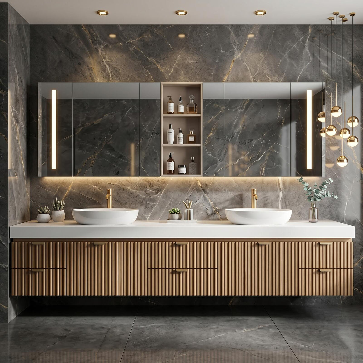60''-96'' Double Bathroom Vanity with Sink Modern Floating Slatted Front Warm Oak Finish