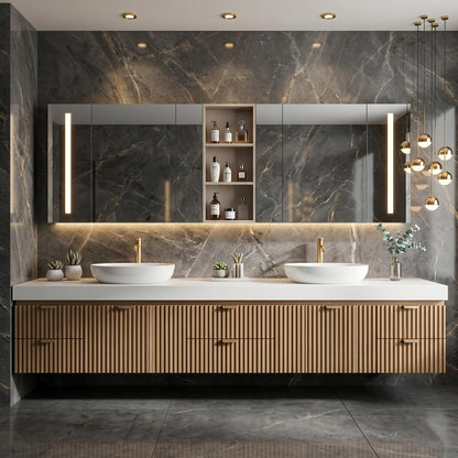 60''-96'' Double Bathroom Vanity with Sink Modern Floating Slatted Front Warm Oak Finish