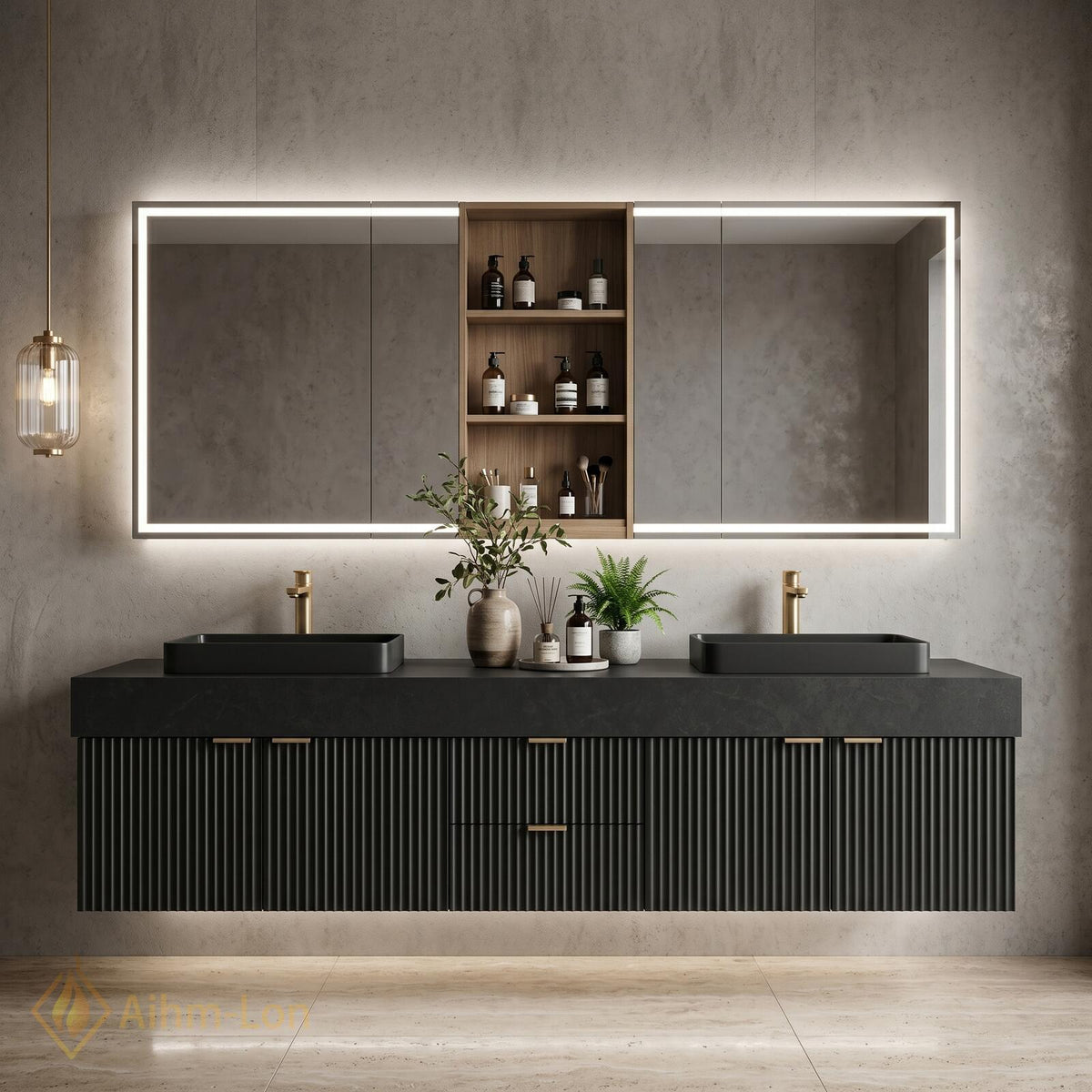 60''-96'' Double Bathroom Vanity with Sink Modern Dark Charcoal Ribbed Panels Mirror Storage