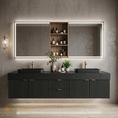 60''-96'' Double Bathroom Vanity with Sink Modern Dark Charcoal Ribbed Panels Mirror Storage