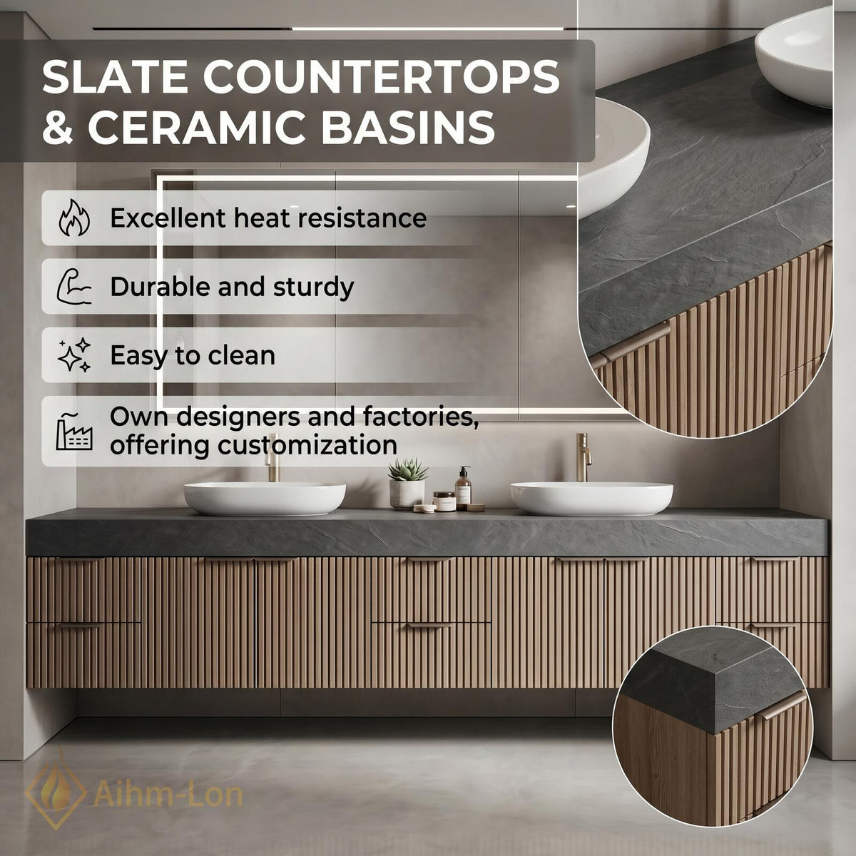 60''-96'' Double Bathroom Vanity with Sink Floating Dark Stone Top Vertical Wood Slats