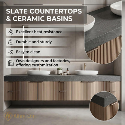 60''-96'' Double Bathroom Vanity with Sink Floating Dark Stone Top Vertical Wood Slats