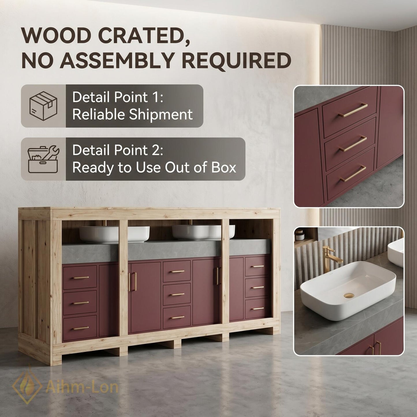78''-96'' Double Bathroom Vanity with Sink Sleek Matte Burgundy Elegant Drawer Storage