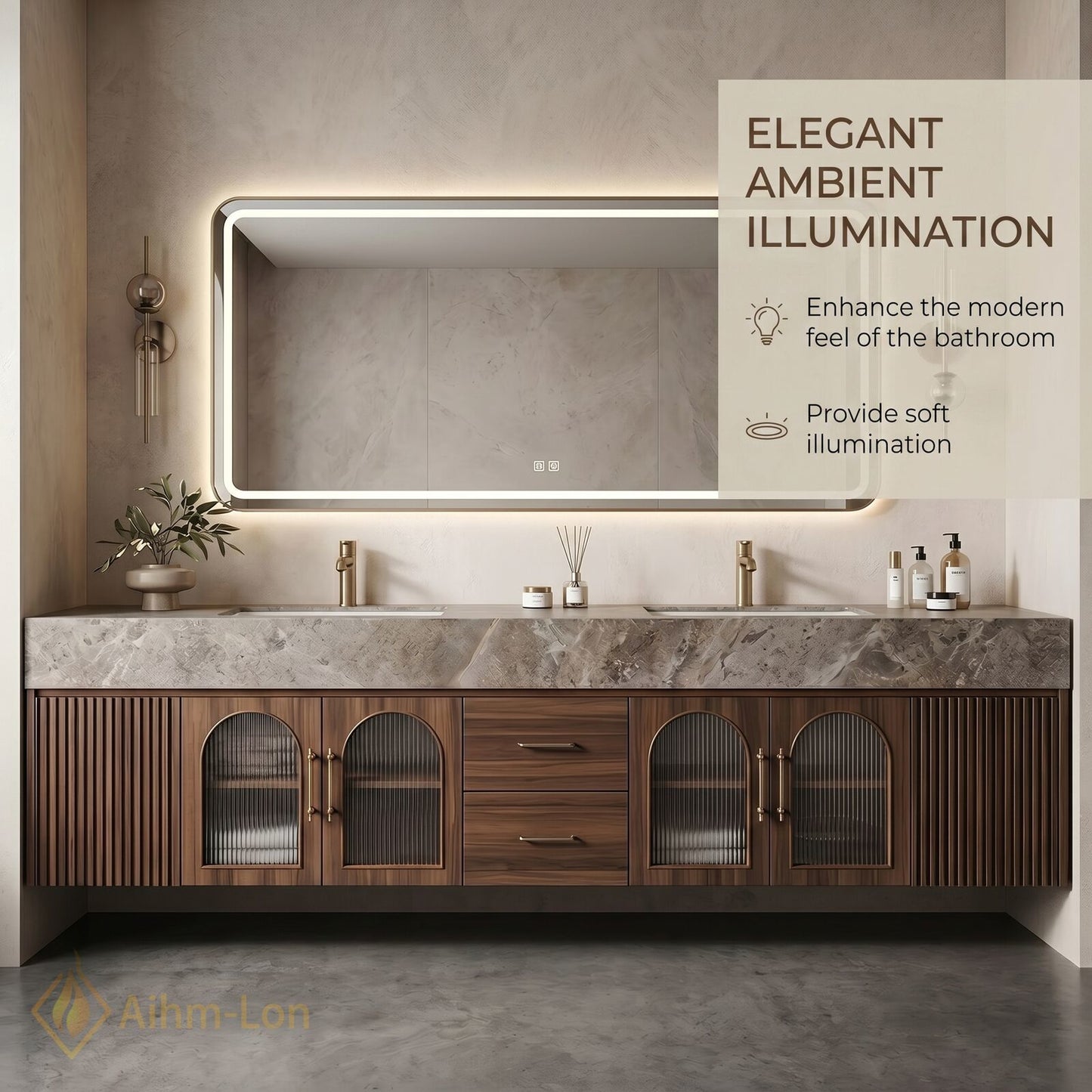 76''-96'' Double Bathroom Vanity with Sink Arched Ribbed Glass Doors Rich Wood