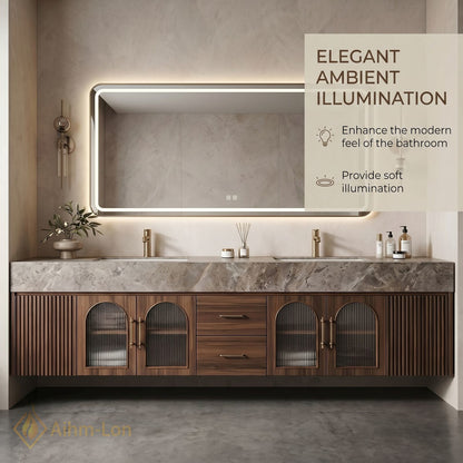 76''-96'' Double Bathroom Vanity with Sink Arched Ribbed Glass Doors Rich Wood