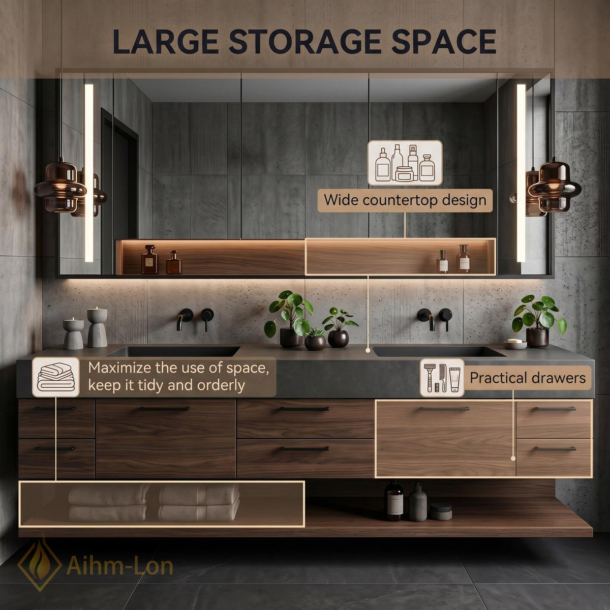 60''-96'' Warm Walnut Bathroom Vanity with Sink Deep Gray Stone Top Open Shelving