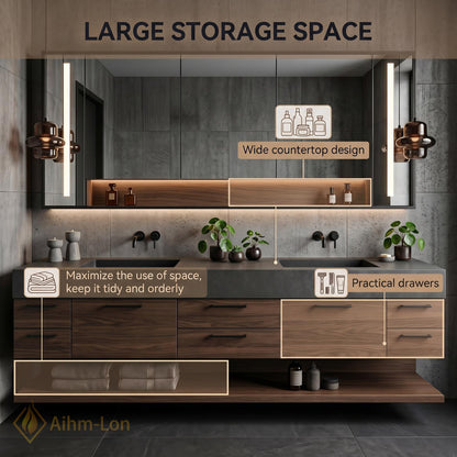 60''-96'' Warm Walnut Bathroom Vanity with Sink Deep Gray Stone Top Open Shelving