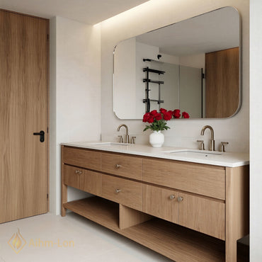 60''-96'' Modern Bathroom Vanity with Sink Woodgrain Open Shelf Base Smart Mirror