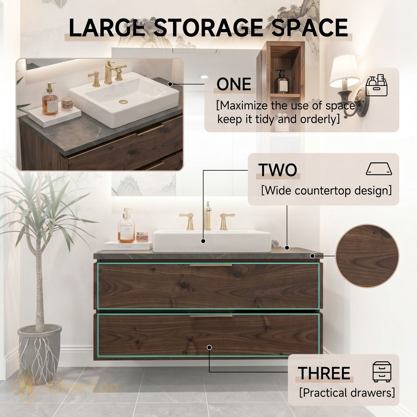 36''-64'' Modern Bathroom Vanity with Sink Floating Dark Wood Grain Smart Mirror
