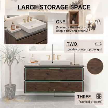 36''-64'' Modern Bathroom Vanity with Sink Floating Dark Wood Grain Smart Mirror