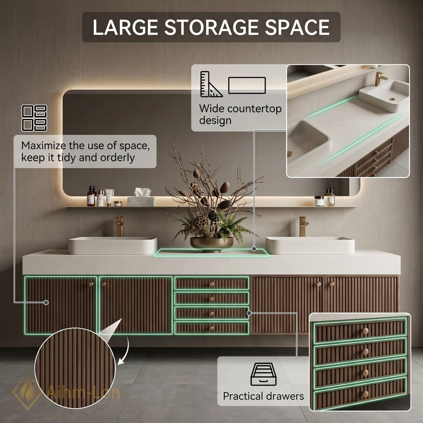 70''-96'' Double Bathroom Vanity with Sink Floating Slatted Warm Wood Tones Vertical